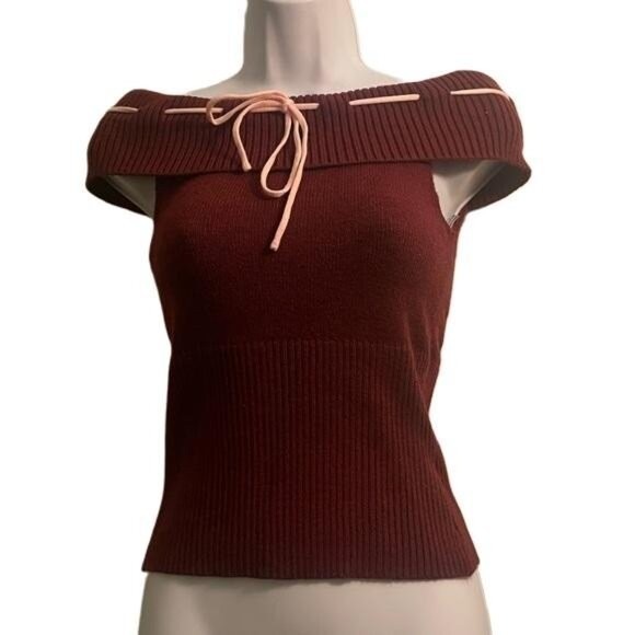 Charlotte Russe Tops - Charlotte Russe Burgundy Off Shoulder Ribbed Knit Top Pink Bow NWT Small 77345J